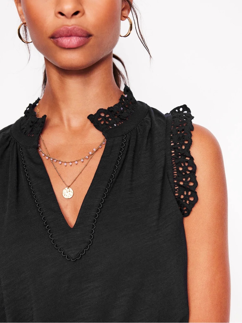 Boden Black Aria Broderie Trim Vest Tank - Picture 3 of 7